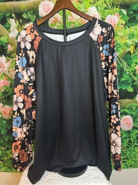SHEIN Black Long Sleeve Raglan Top with Floral Sleeves